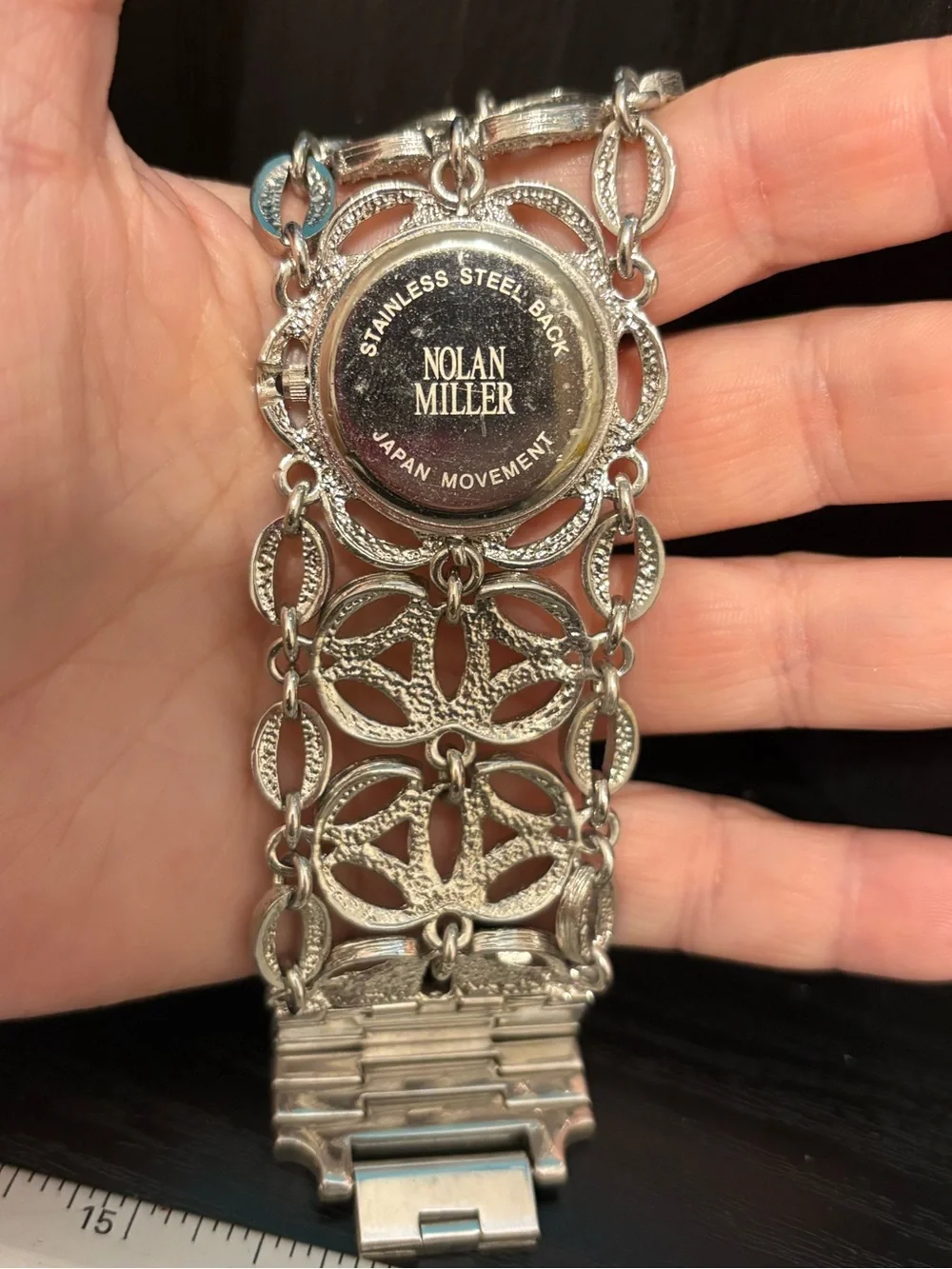 nolan miller watch stunning  silver tone rhinestone floral 7.5” needs battery